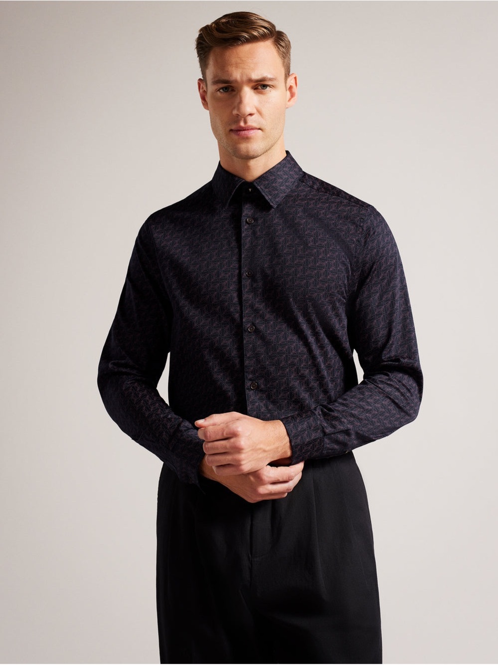 Ted Baker London Men's Black Patterned Long-Sleeve Dress Shirt 3 /M